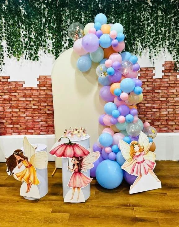 Fairy tale themed custom balloon arch at a Play Kingdoms birthday party in Kuala Lumpur